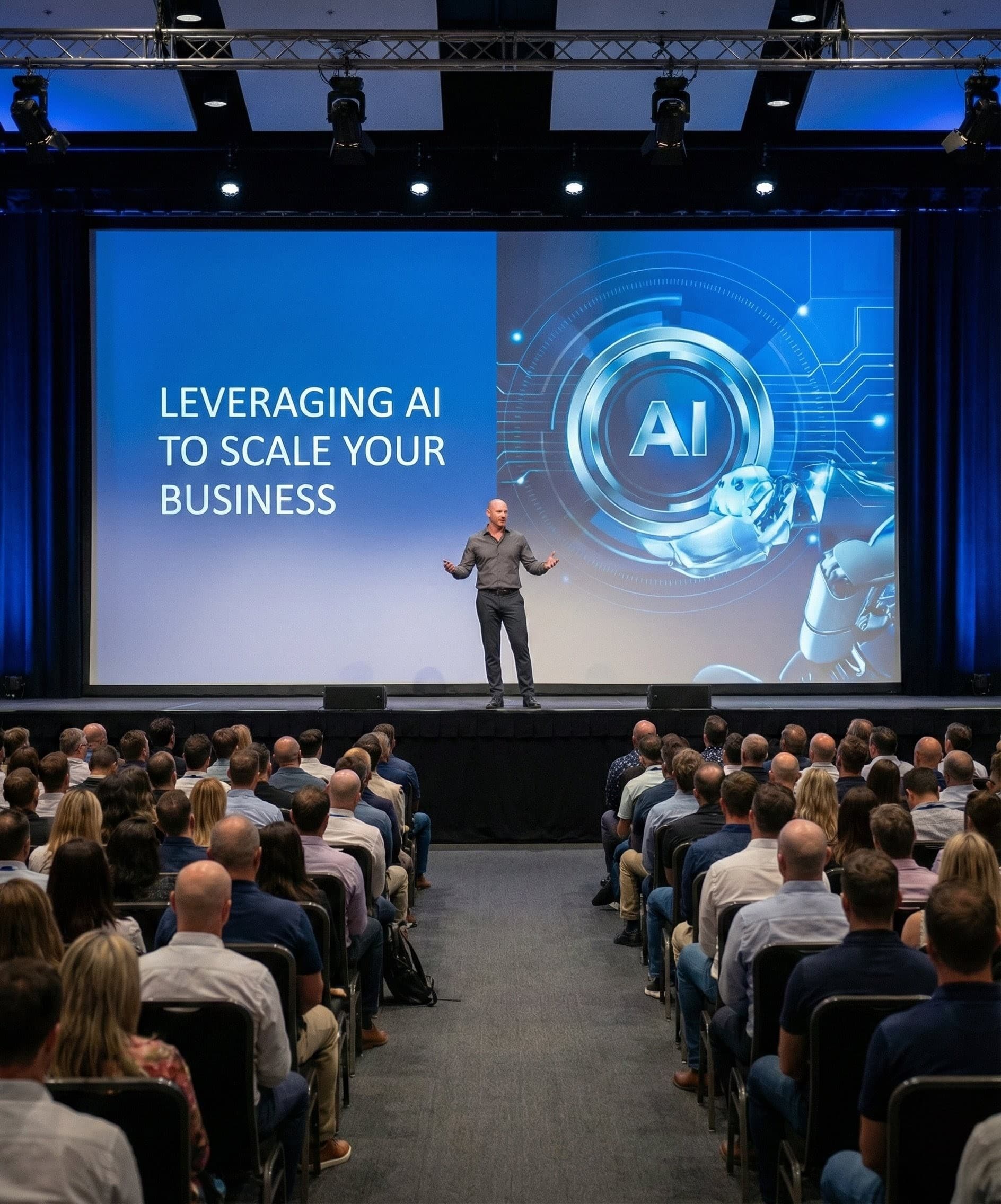 Joshua Guffey speaking at AI conference with audience visible and 'Leveraging AI to Scale Your Business' on screen